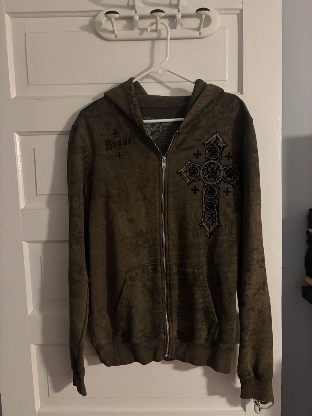 Affliction Rogue Olive Green Zip-Up Hoodie Jacket with Cross Detail